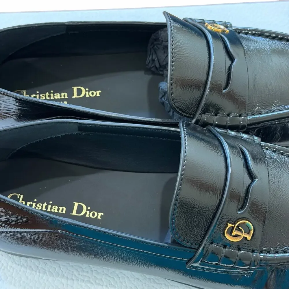 Christian Dior Women’s Black Patent Leather Loafers Dior Time Size US9.5 EU40